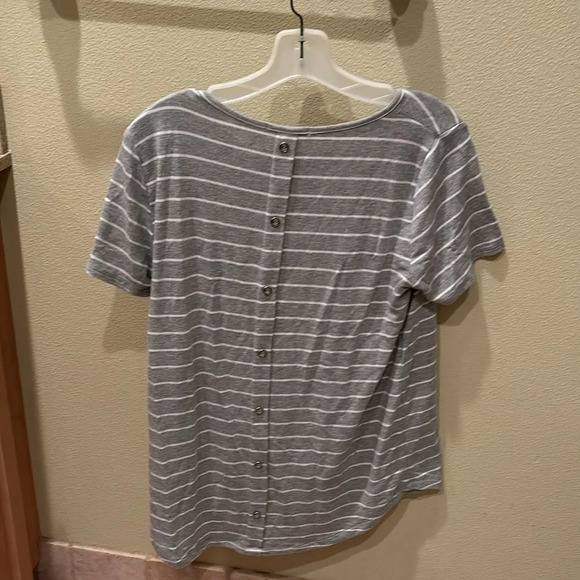 Pink Clover woman's gray and white long striped tee shirt with buttons on back - Picture 6 of 9